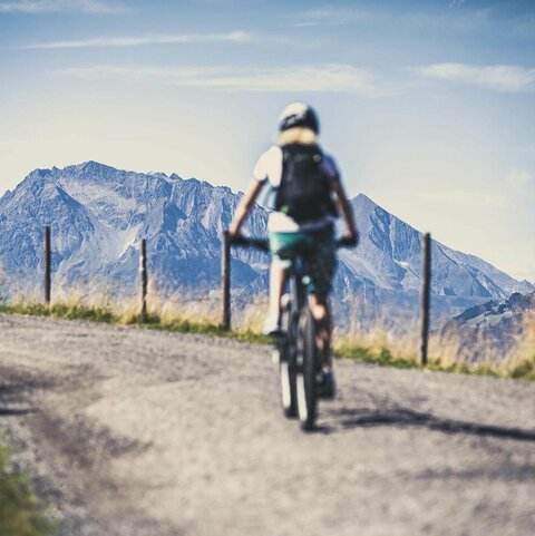 Zwei Radfahrer fahren vor einer traumhaften Bergkulisse.
