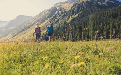 Zwei Frauen wandern in der Natur