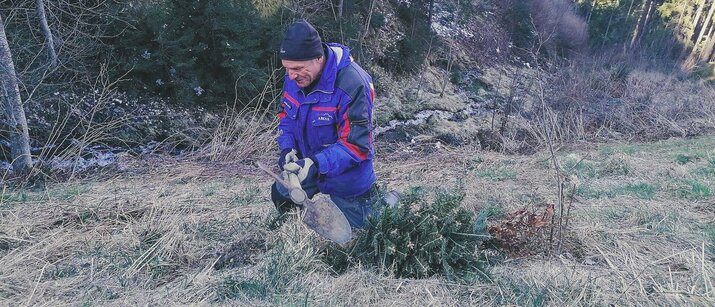 Ein Mann arbeitet mit einem Gartenwerkzeug im Wald