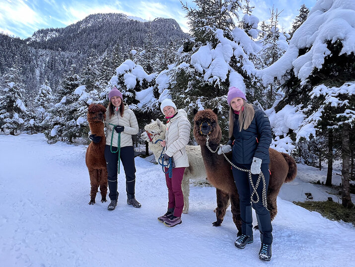 Drei Frauen machen eine Alpakawanderung durch den Schnee