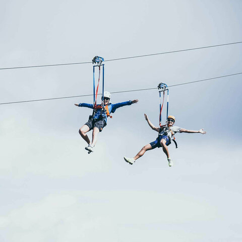 Zwei Personen fahren mit einer Zipline über der traumhaften Natur