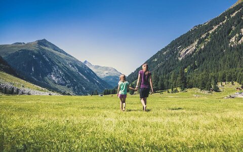 Eine Frau und ein Mädchen gehen händchenhaltend über eine Wiese 