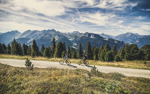 Radfahrer radeln vor einer traumhaften Bergkulisse.