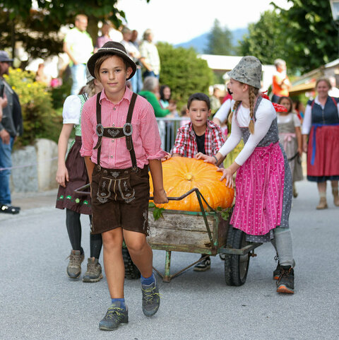 Ein Junge zieht eine Schubkarre