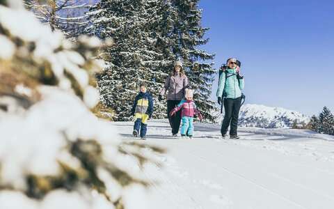 Zwei Frauen und drei Kinder spazieren durch den Schnee