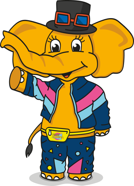 Eine Grafik von dem Maskottchen Funty in bunter 90er Kleidung.